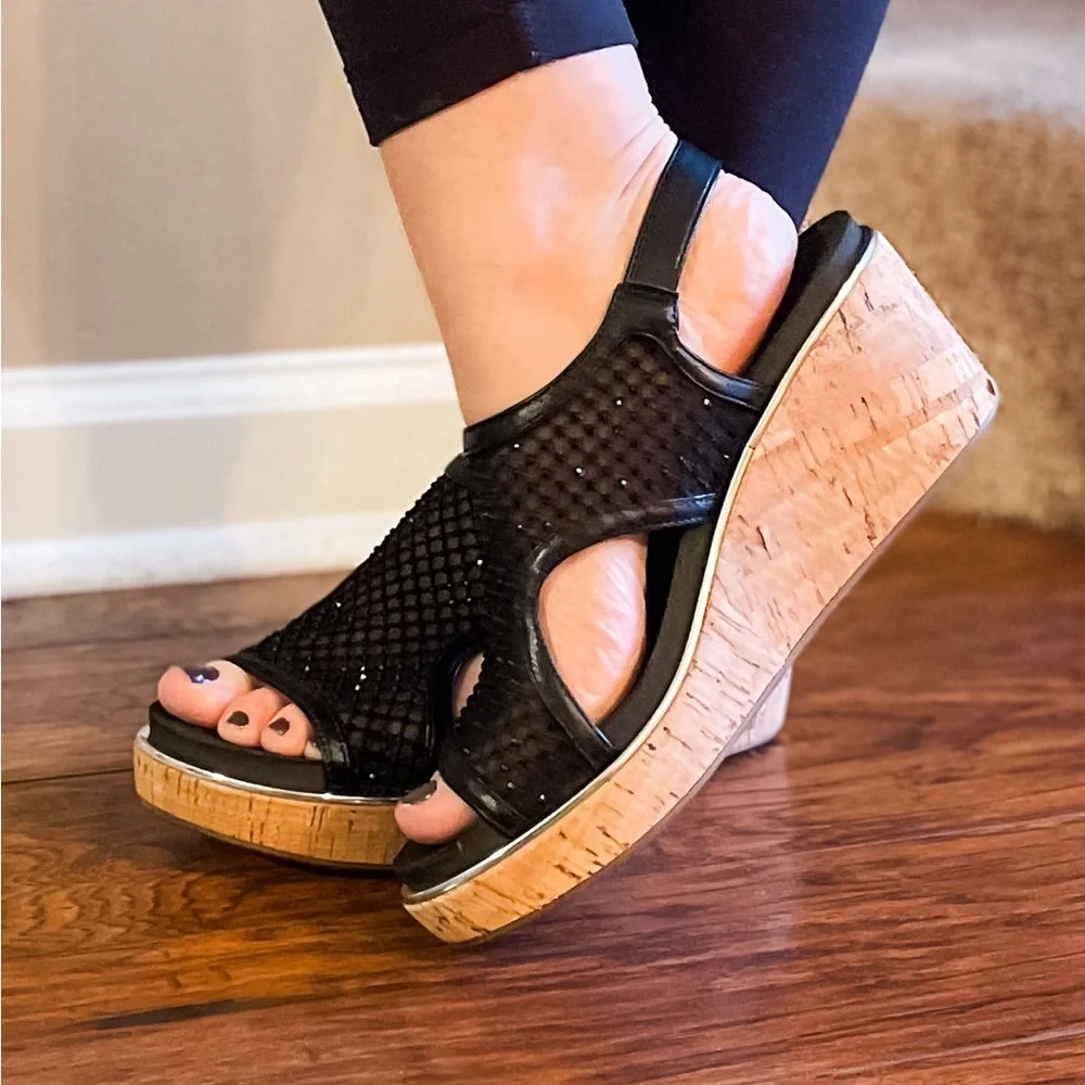Corkys Black Mesh Cork Wedge Sandals